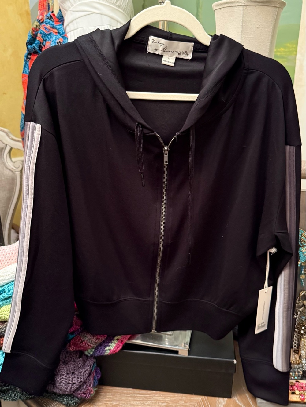 Vintage Havana Black Zip Hoodie Jacket with Gray Stripe